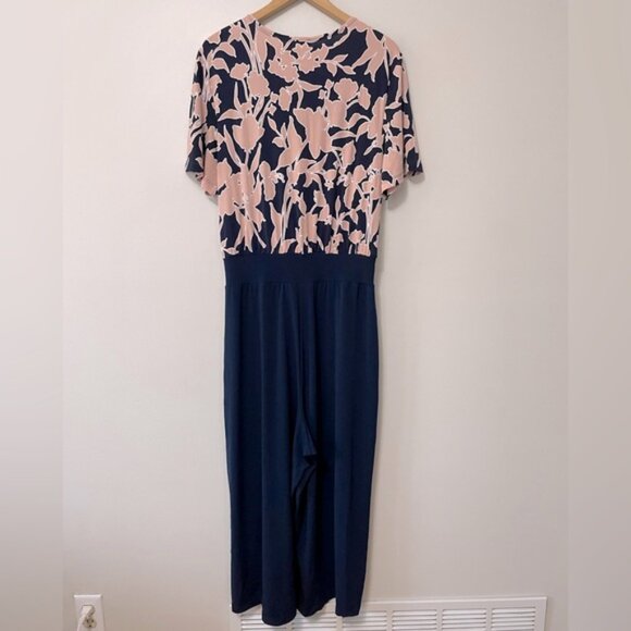 New Kim & Co. Navy Blue Pink Cropped Stretch Gaucho Jumpsuit Size XL bin 1K - Picture 4 of 5